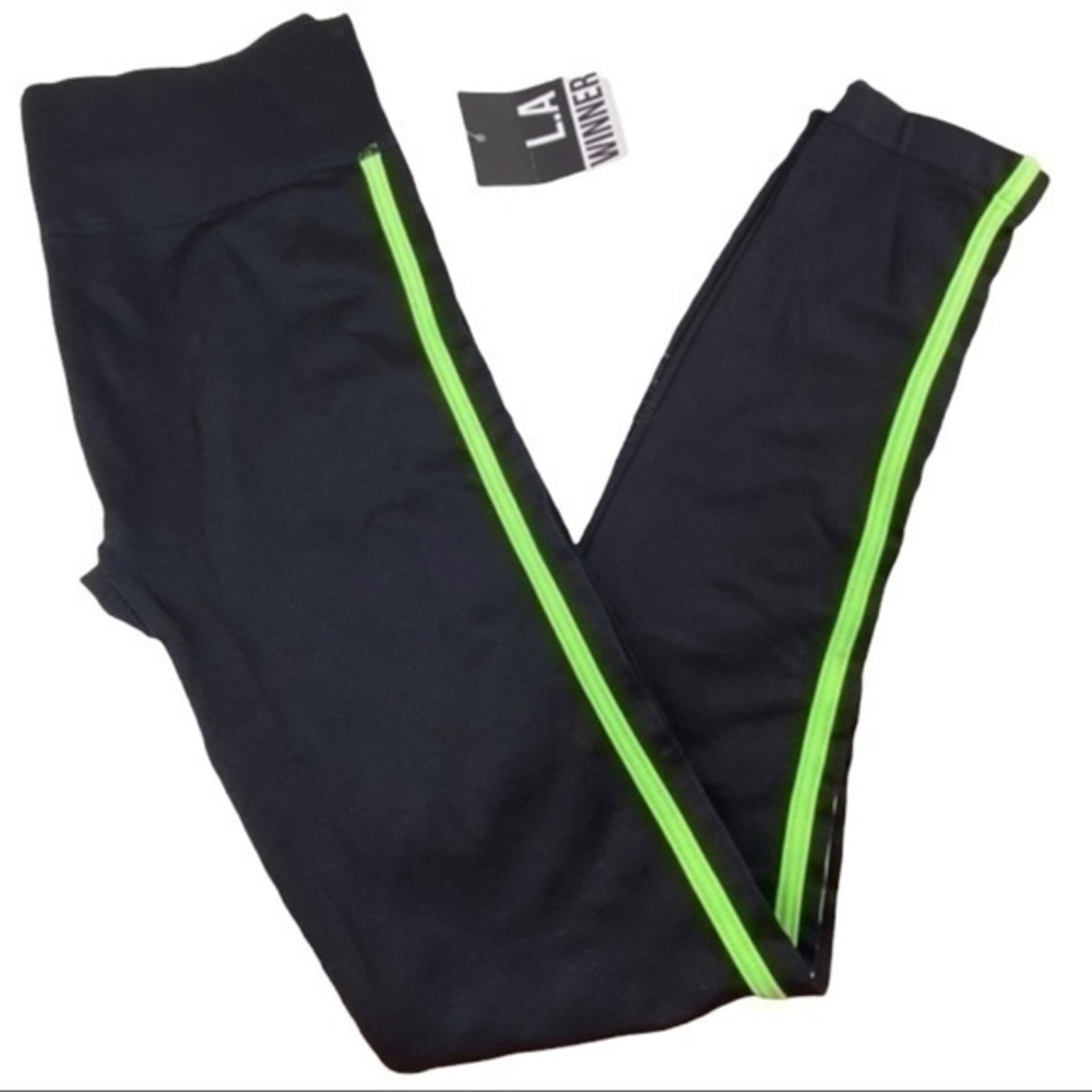 LA Winner Legging Pants Black and‎ Neon Lime Sports Athletic Leggings Sz S M